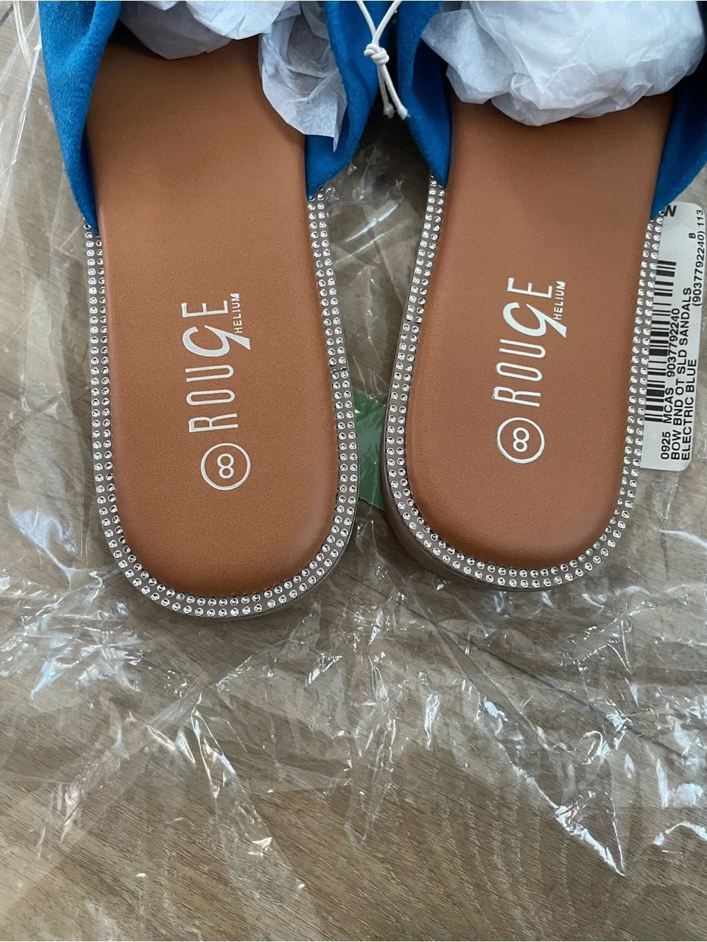 Rouge Helium Electric Blue Bow Slide Sandals with Crystal Trim